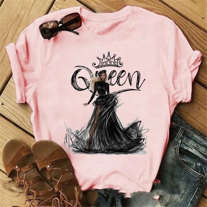 Pink Crown Queen Print Women T Shirt Short Sleeve O Neck Loose Women Tshirt Ladies Tee Shirt Tops Clothes Camisetas Mujer