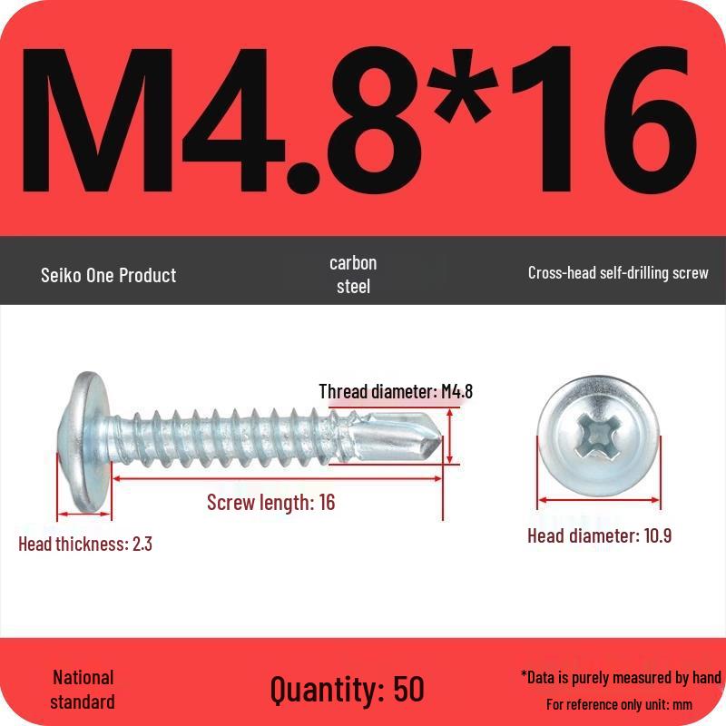 Galvanized Carbon Steel Cross-Head Round Screw with Washer, Flat Head, Self-Tapping & Self-Drilling Fishtail Design