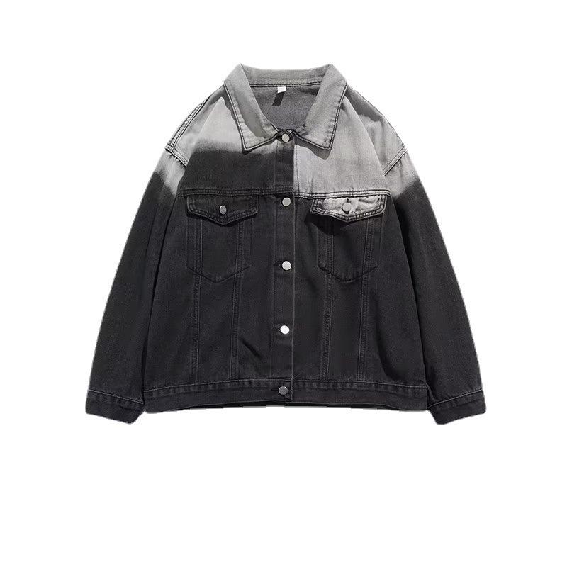 Men's Autumn Retro Gradient Color Denim Jacket - Loose Fit, Korean & Hong Kong Style, Unisex Color Block Design