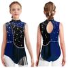 Girls Color Block Gymnastics Leotard with Mock Neck & Keyhole Back, Shiny Rhinestones & Tassels for Dance & Figure Skating