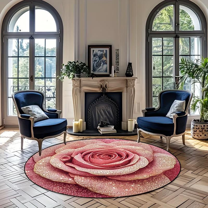 Elegant Pink Rose Round Rug with Dewdrops Non-Slip Machine Washable Floor Mat 2D Flat Aesthetic Floral Carpet for Bedroom Girls Room