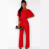 Women's clothing summer Jumpsuit, Elegant Short Sleeve Hollowed Waist Tie Solid Summer Wide Leg Pants