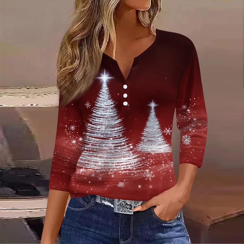 Women's Casual Fashion V-neck Loose Versatile Christmas Print Three-quarter Sleeve Top