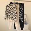 QICED Autumn Collection Instagram Personalized Leopard Print Pullover Long-sleeved Knitted Sweater + Simple Skinny Pants Set