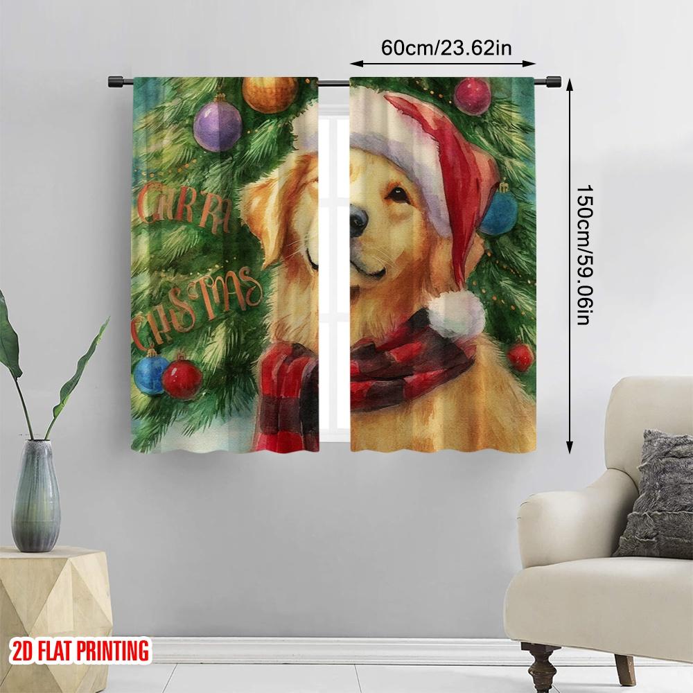 2pcs,2D Plane Printing Popular Curtains Christmas Dog Polyester (without Rod) Outdoor Decorations Ldeal for Bedroom Living Room