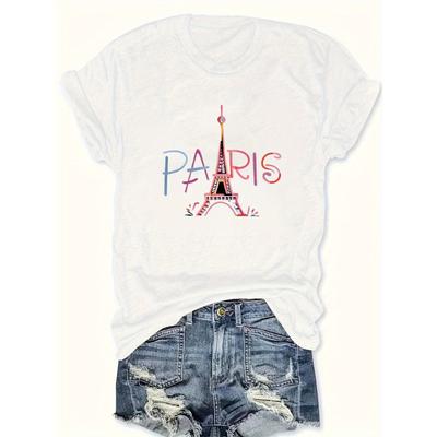 T-shirt Casual da Donna a Maniche Corte in Poliestere, Taglia Europea, Colore Parigi, Disegno Semplice a Tratto, Torre Eiffel Stampata