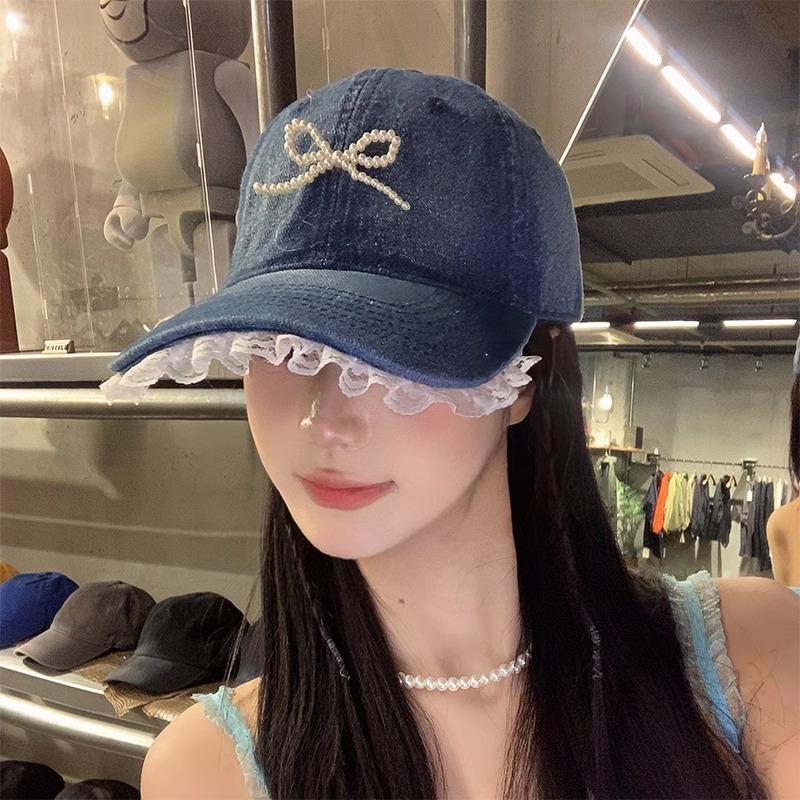

Бейсболка из денима с кружевом-бантом, летняя шляпа, женская солнцезащитная шляпа, регулируемая кепка с изогнутым козырьком average size