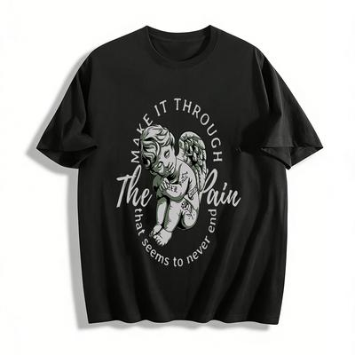 Vintage Ängeltryckt Topp Trendig Casual T-shirt För Att Ta Sig Igenom Oändlig Smärta Ren Bomulls-T-shirt