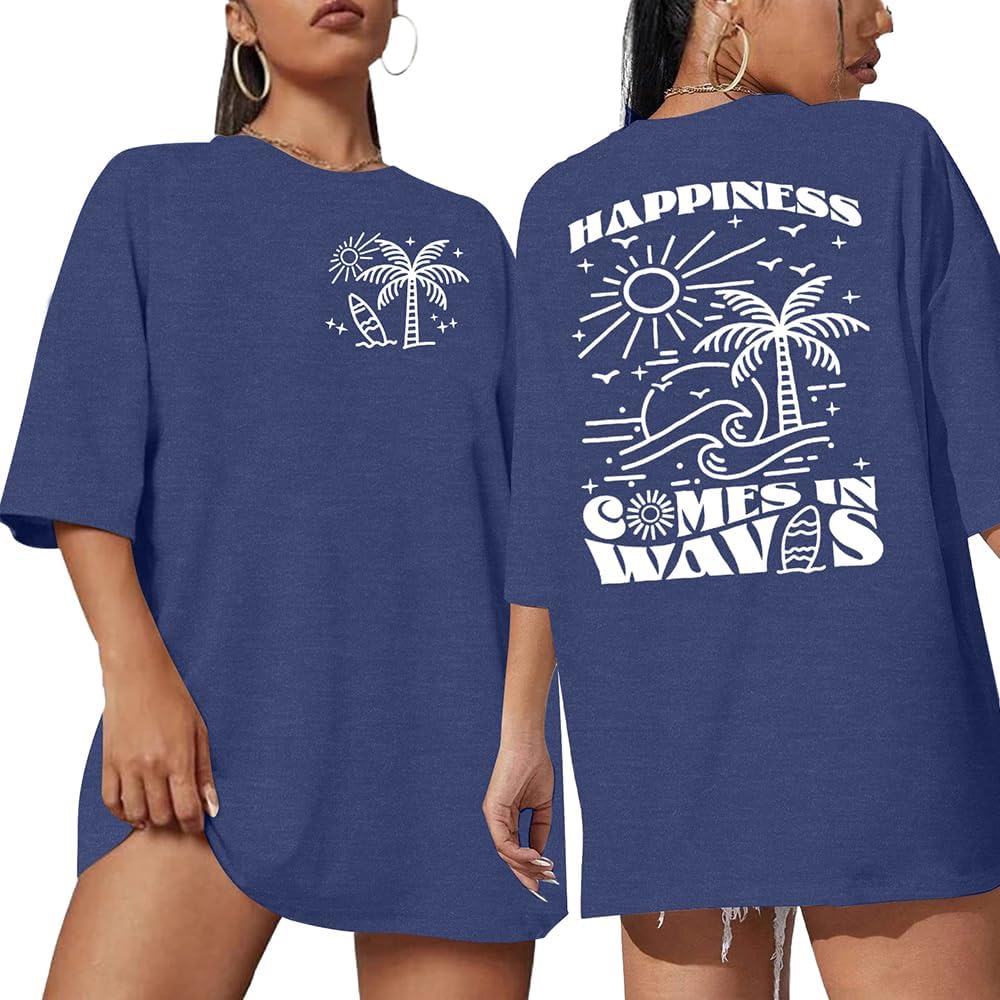 Happiness Waves Shirt Women Summer Funny Sunshine Graphic Beach Tees Hawaiian Casual Vacation Positive Short Sleeve Tops S разноцветный