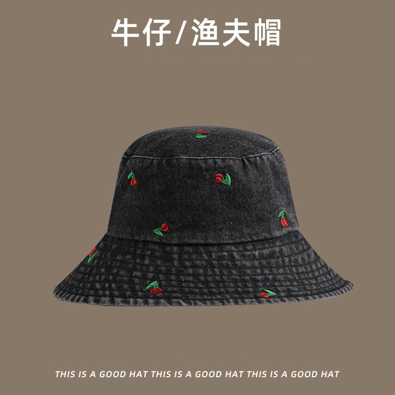 

New hat female versatile fashion denim bucket hat embroidered cherry pattern wide brim sunshade basin hat M（56-58cm）