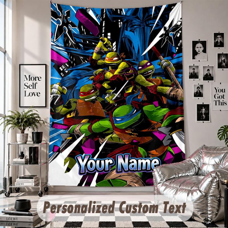 Wall Hanging Tapestry With Custom Name & Text, Teenage Mutant Ninja Turtles Decorative Tapestry For Bedroom