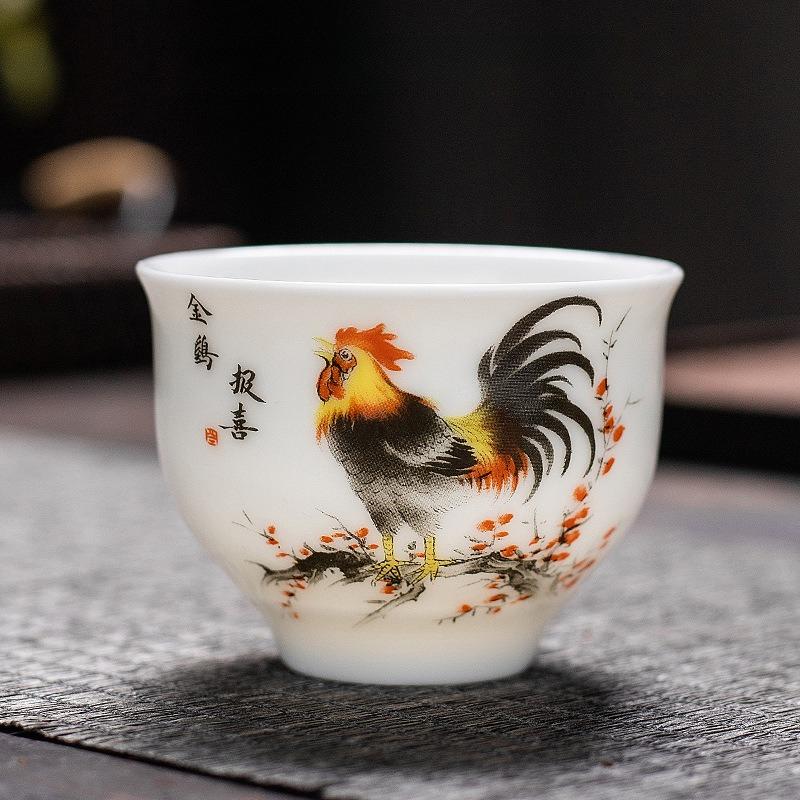 Cylinder Cup Chicken Ceramic Chinese Tea Cup Sheep Fat Jade Rooster Tea Cup Kung Fu Tea Ceremony Accessories Drinking Utensils