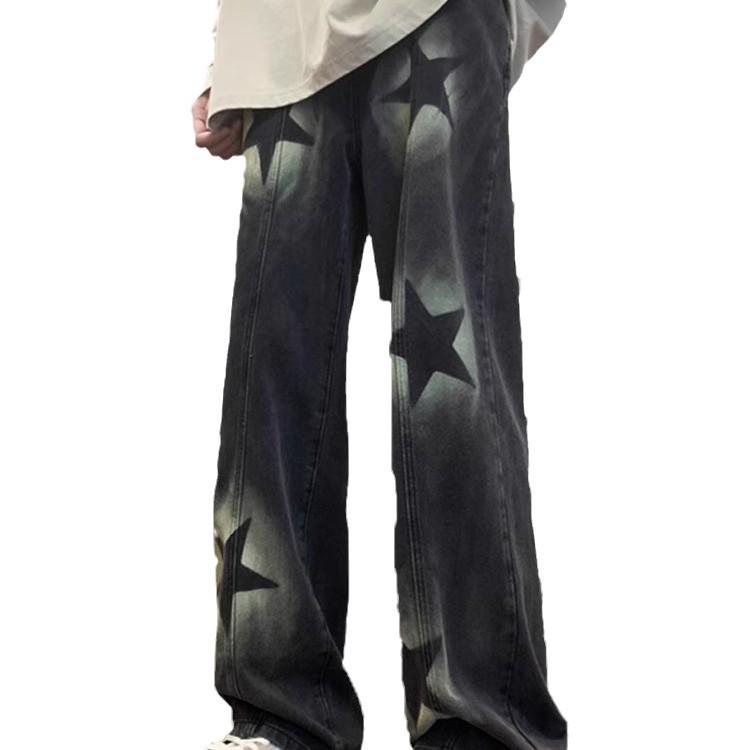 Unisexové korejské džíny ve stylu street-style s tmavou hvězdou a elastickým pasem - Trendy, volného střihu, s rovnými nohavicemi na jaro a podzim
