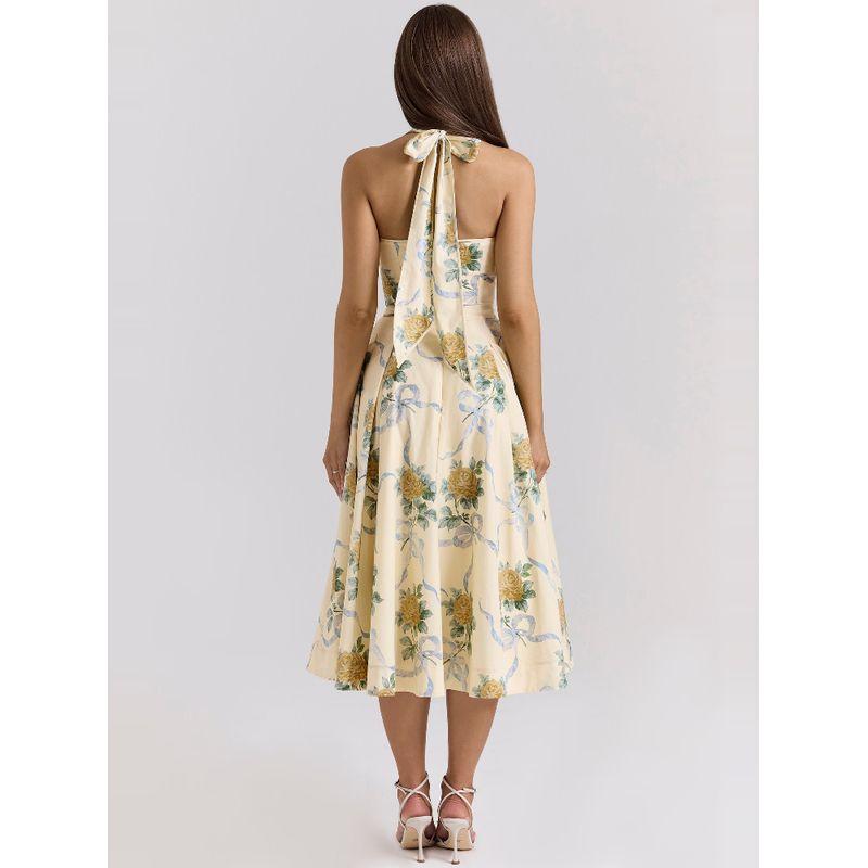 Spring Beauty House Same Style Yellow Roses Sexy Deep V Backless Waist Hugging Lace-up Hanging Neck Mid-Length Vacation Dress