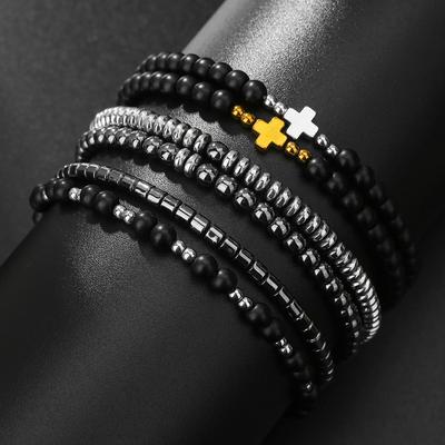 Naturalny Hematyt Krzyż Koralikowy Męski Zestaw Bransoletek Czarny Onyks Metalowe Sznurki Mosiądz Medytacja Biker Cool Opaska Akcesoria Pulsera