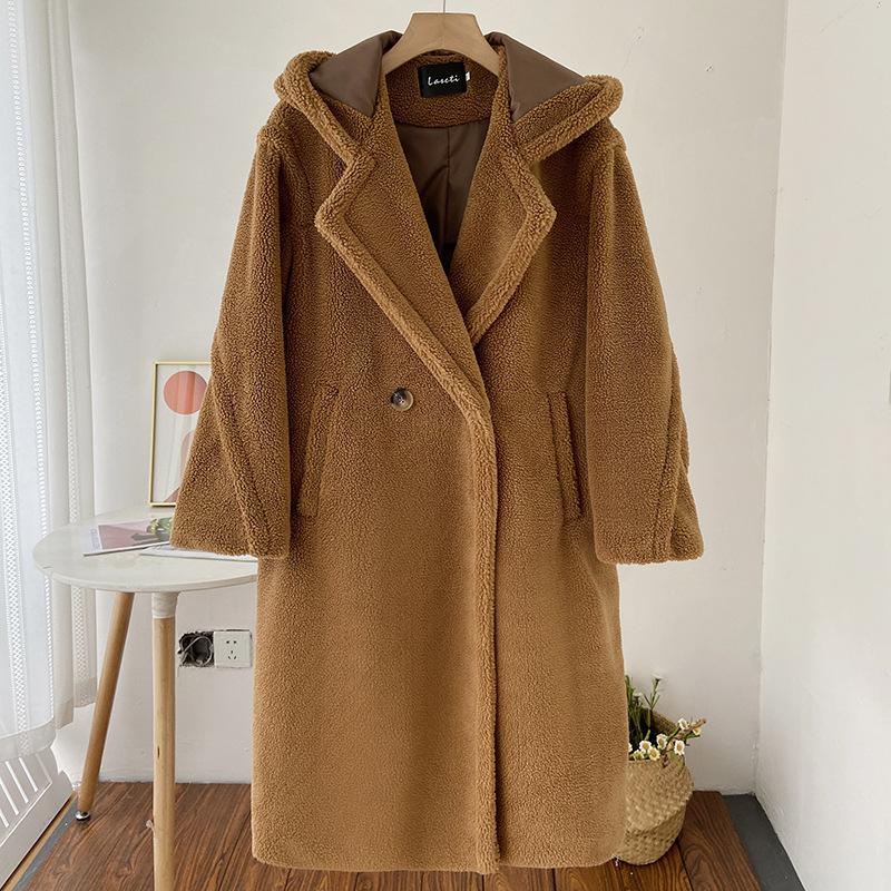 

Утолщенное пальто с капюшоном, женское удлиненное меховое пальто из овечьей шерсти, модное свободное и тонкое пальто из искусственного меха XL темно-коричневого
