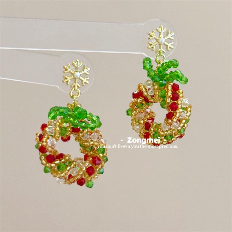 3D Christmas Tree Earrings with Red Bow - Heavy Beaded Crystal Ear Clips, Hand-Woven Holiday Accessories