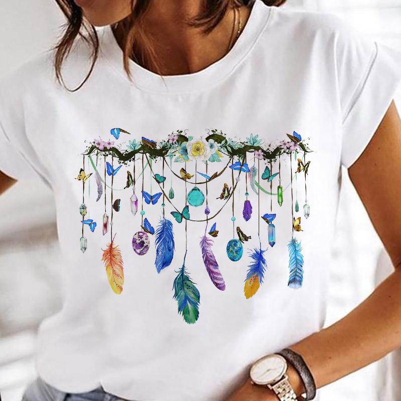 Women Printing Clothes Custom T-Shirt Watercolor Cute Tops Tshirt Short Sleeve Cartoon Heart Print Female Graphic O-Neck Tees