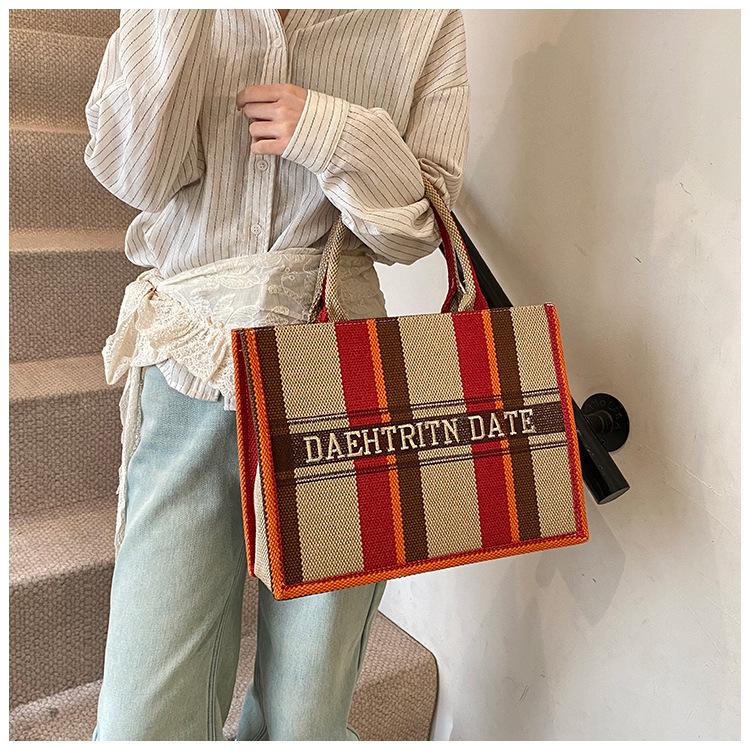 Women's Bag Cotton and Linen Large-capacity Portable Tote Bag New Fashion Embroidery Striped Color Contrast Hand Bag Women's Bag