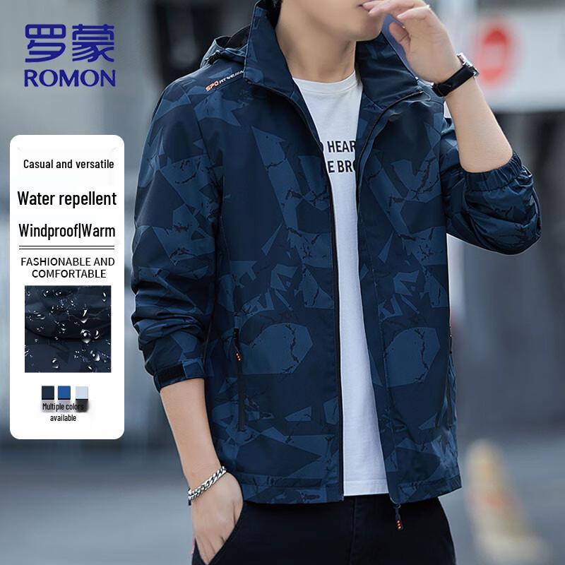 ROMON Men s Autumn Hooded Print Windbreaker Jacket 2XL
