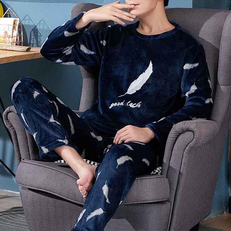 Winter Warm Flannel Boy Sleepwear Thermal Velvet Cartoon Plaid Men's Pajama Sets Casual Pjs Male Loungewear Pyjamas Nightwear