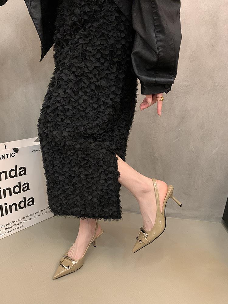 

Темпераментные босоножки на тонком каблуке с острым носком и закрытой пяткой, женские летние новые, с юбкой, нишевые металлические высокие каблуки 40 хаки