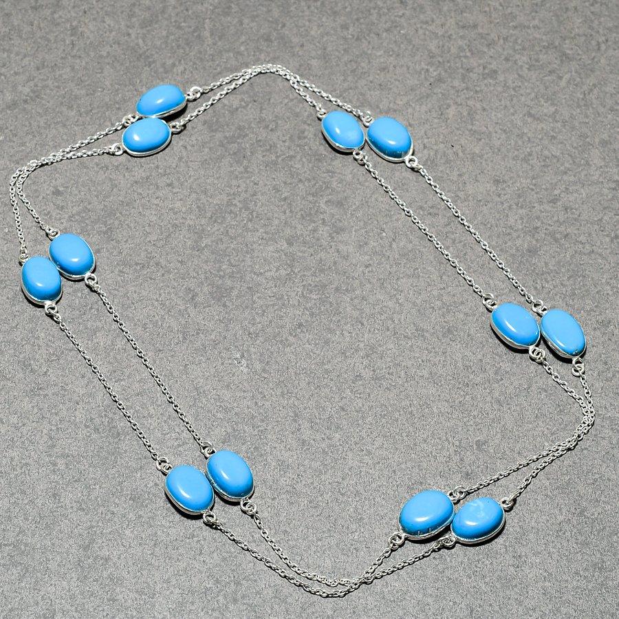 Sleeping Beauty Turquoise Necklace 36" Chain Oval Gemstone Jewelry Gifts CH 1237
