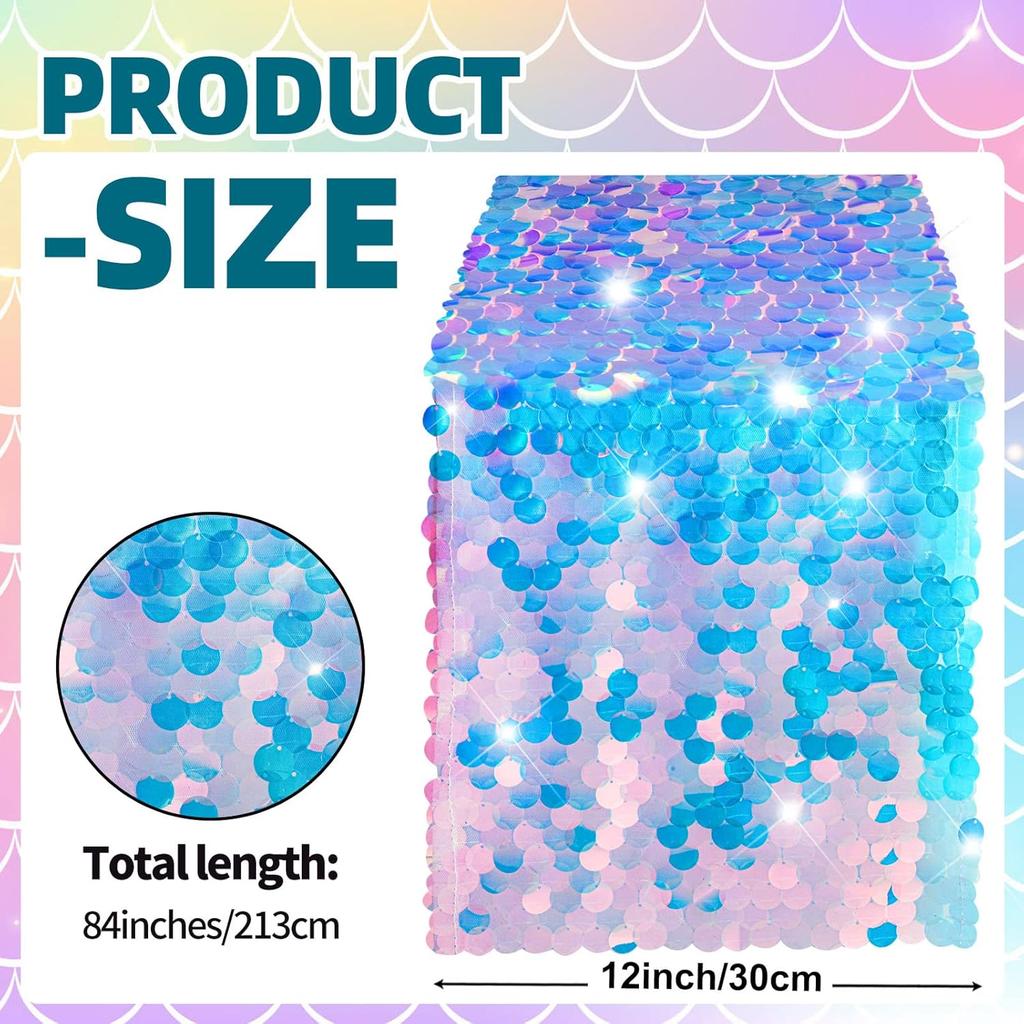Mermaid Tail Scales Table Runner 12 x 84 Inches - Glitter Holographic Sequin Cover for Ocean Under The Sea Party Decorations and Supplies (1)