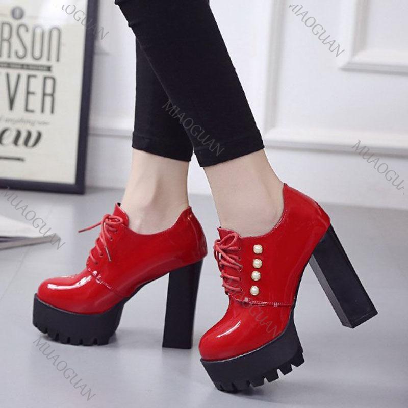Fashion Spring and Autumn New High-heeled Single Shoes Fashion Solid Lace Up Patent Leather Pumps for Women Chunky Heeled Ladies Shoes