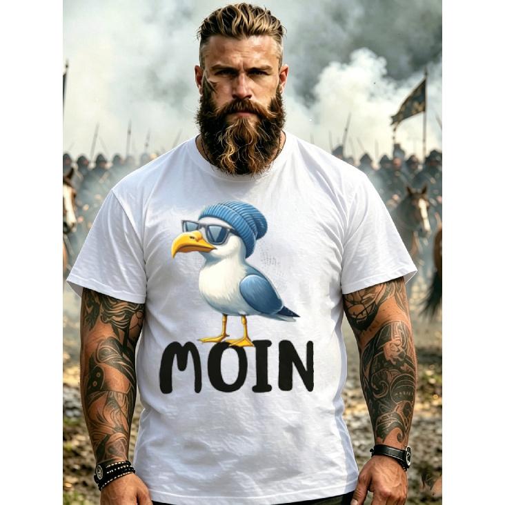 Men'S T-Shirt Black Seagull With Hat And Glasses Moin Text Casual Wear For Beach And Daily Use, Plus Size