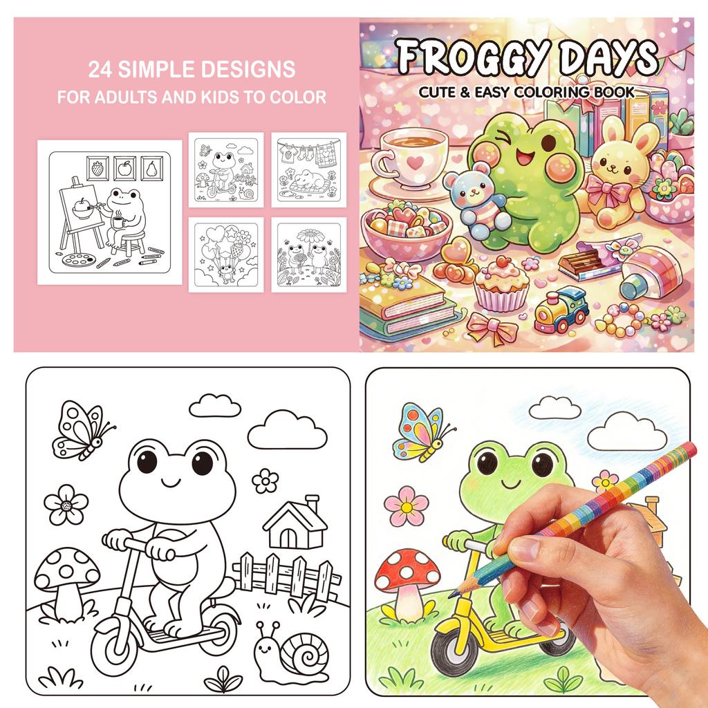 24 Sheets for Stress Relief, Warmth and Comfort, Coloring Picture Books, Cute Pets, Frogs, Cartoon Graffiti Coloring Books