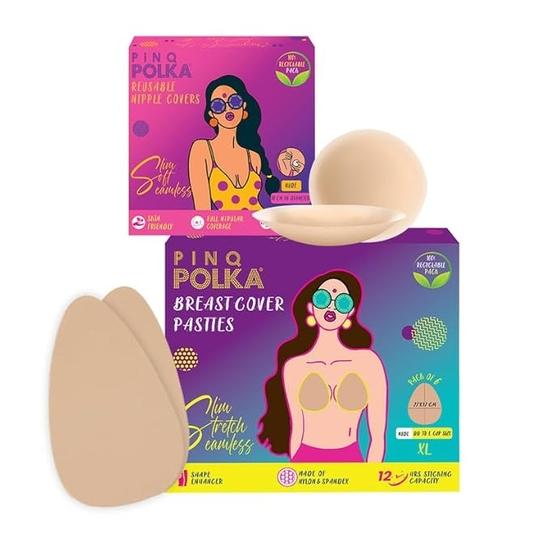 PINQ POLKA Breast Lift Tape Pasties 6 Pcs DD-E Cup Size with 10 Nipple Pasties & Reusable Nipple Cover 10 Cm|Shape Enhancer Body Tape|Skin Friendly