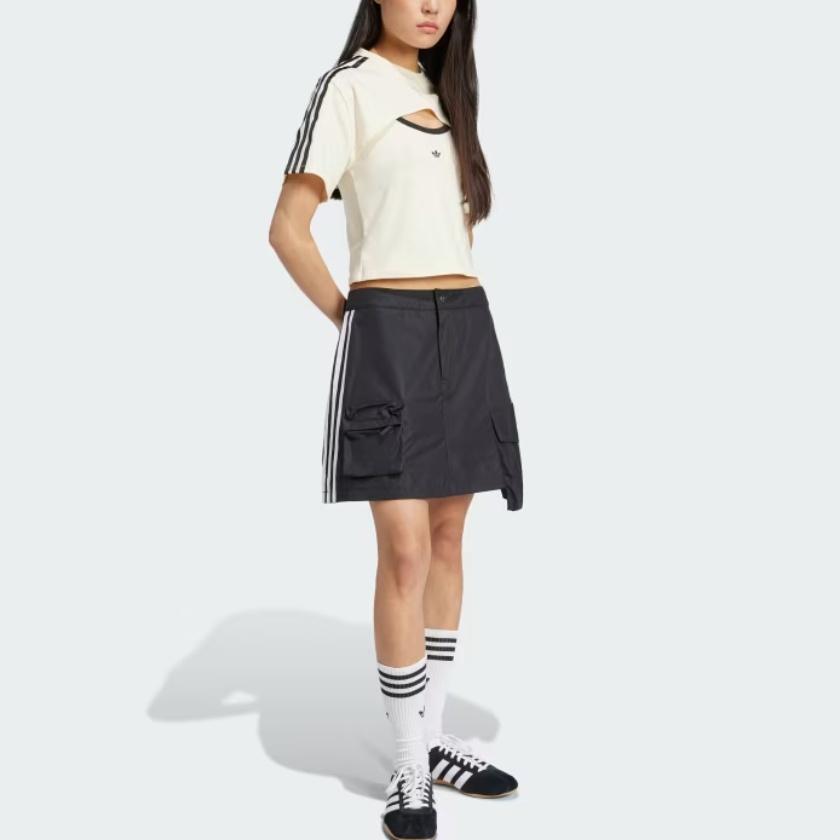 Adidas Originals Cali Tee Cutout Slim Fit Striped Round Neck Versatile Short Sleeve Drop Shoulder T-Shirt Women Tops Off-White Black JJ3090