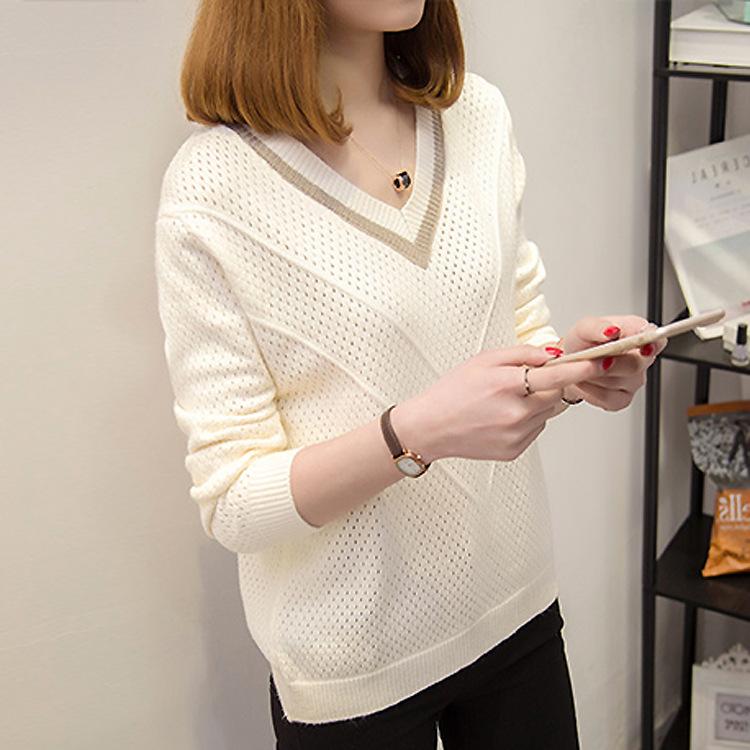 

Autumn and Winter Women s V-neck Pullover Knitted Sweater Top Loose Long Sleeved Hollow Sweater Base Shirt S бежевий