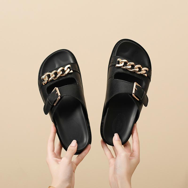 Leather thick-soled cool slippers for women to wear summer fashion beach flat heel one-word large size women's shoes-4