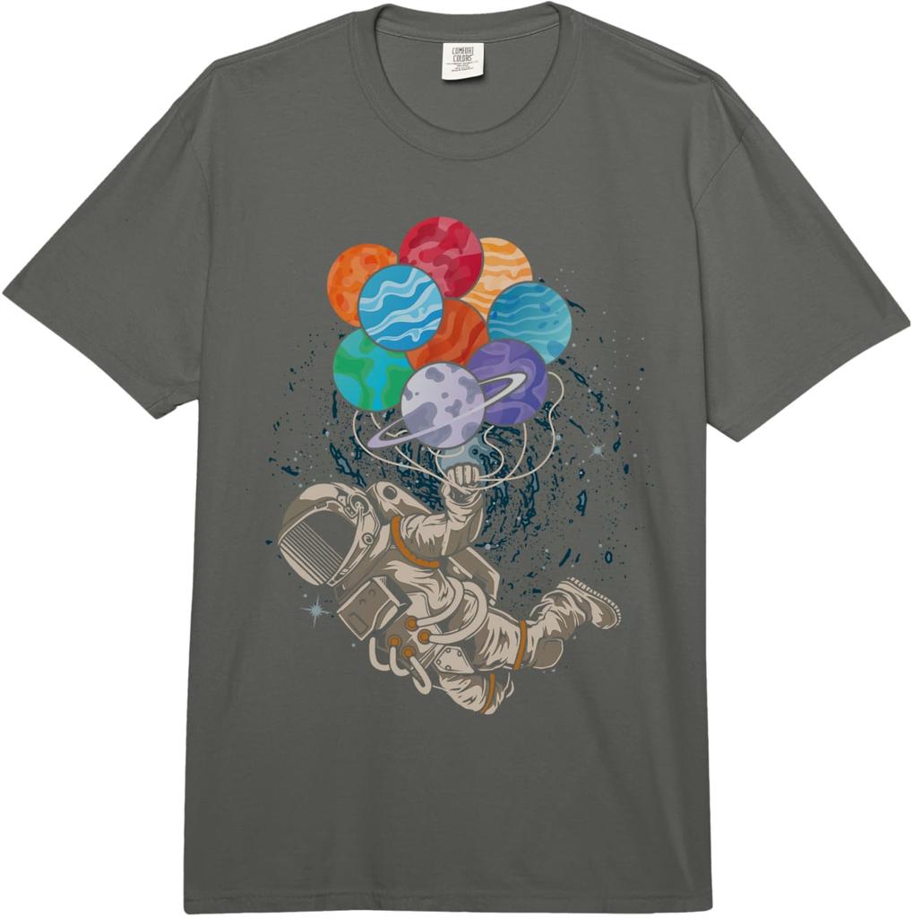 Astronaut Holding Planet Balloons Graphic TShirt Casual Short Sleeve Crewneck Tee for Men
