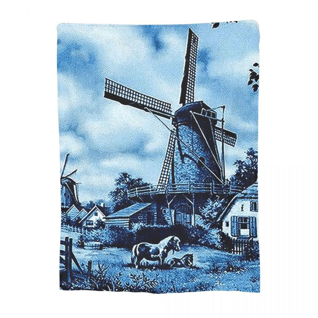 Dutch Blue Delft Vintage Windmill Blankets Soft Warm Flannel Throw Blanket Bedspread for Bed Living room Picnic Travel Home Sofa