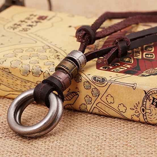 Men Women Fashion Vintange 2 Circle Pendant Brown Genuine Leather Necklace Sale! Men Women Fashion Vintange 2 Circle Pendant Brown Genuine Leather Necklace Sale!