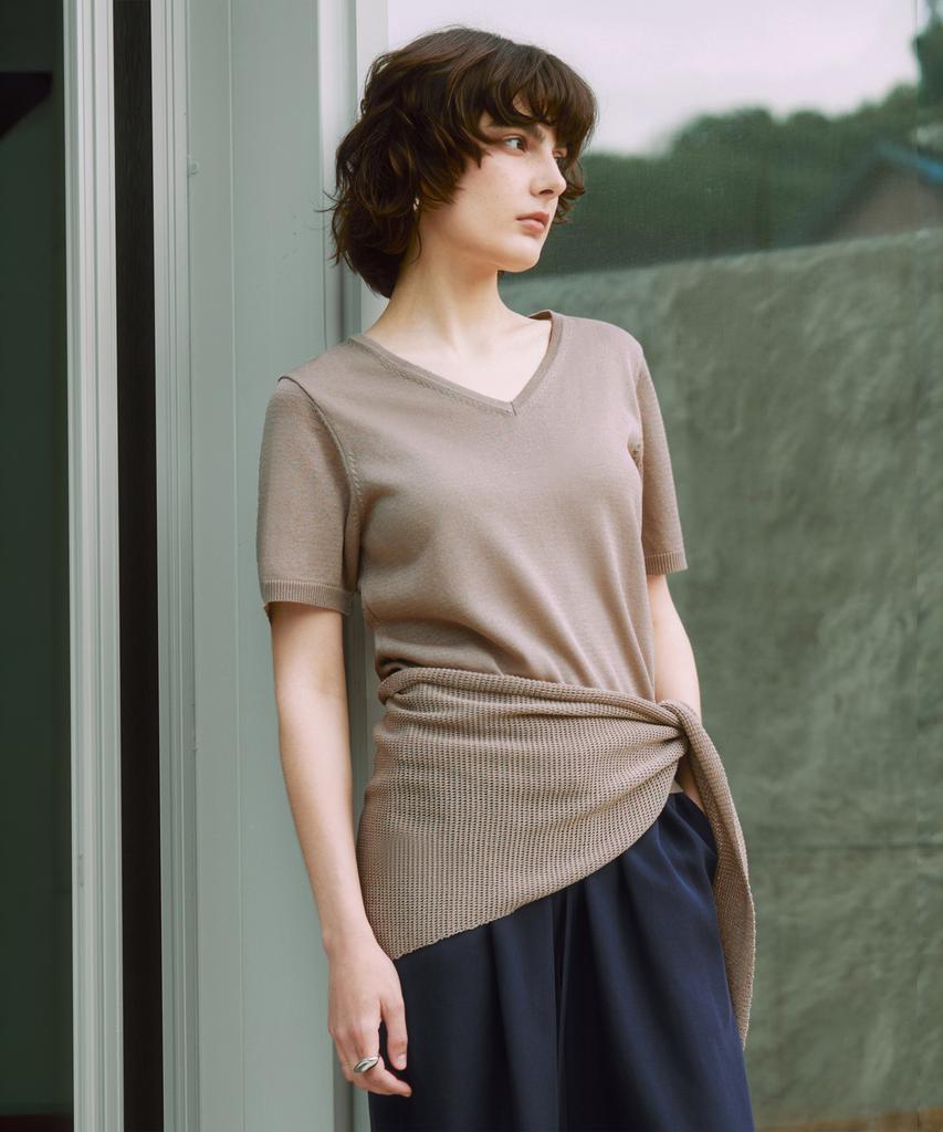 ZEROSTREET [2 Colors] Le Zero V-Neck Short Sleeve Knit & Shawl Set