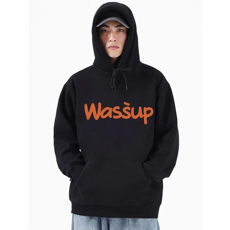 Wassup Trendy Brand Letter Sweatshirt for Men, Hooded, Loose, Casual, High Street Top, Jacket, Autumn and Winter, Fleece-Lined, Couple Style