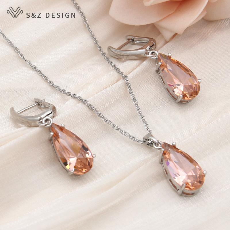 Fashion Water Drop Cubic Zirconia Dangle Earrings Jewelry Sets For Women Wedding Rose Gold Color Necklace