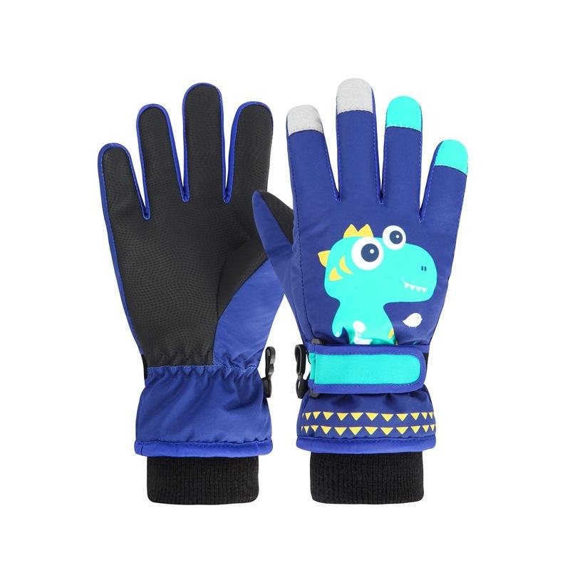 Cartoon Five-Finger Ski Gloves for Boys Dinosaur-Themed Warm Cycling Gloves for Elementary School Students Winter Cold-Proof