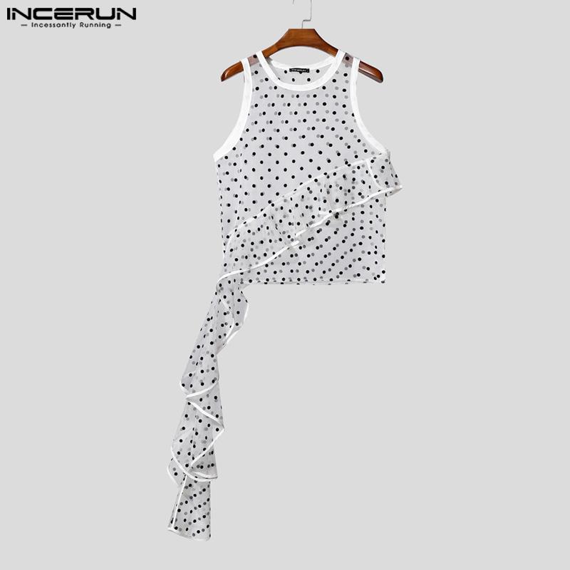 INCERUN Men Sleeveless See Through Mesh Sheer Ruffled Polka Dot Tank Tops