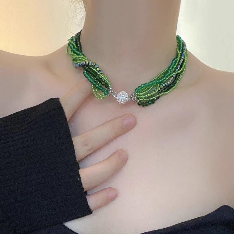 Elegant Multi-Layer Crystal Rhinestone Beaded Necklace Women Green Seed Bead Wrap Chain Alloy Base Micro-Set 2025