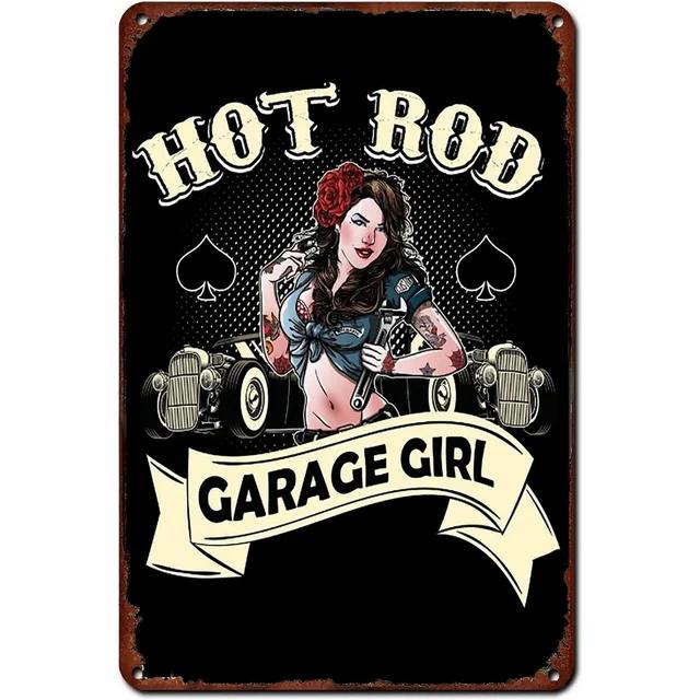 Vintage Pinup Girl Hot Street Rods Garage Full Service Route Auto Mechanics Metal Tin Sign for Rural Wall Decor Retro Poste