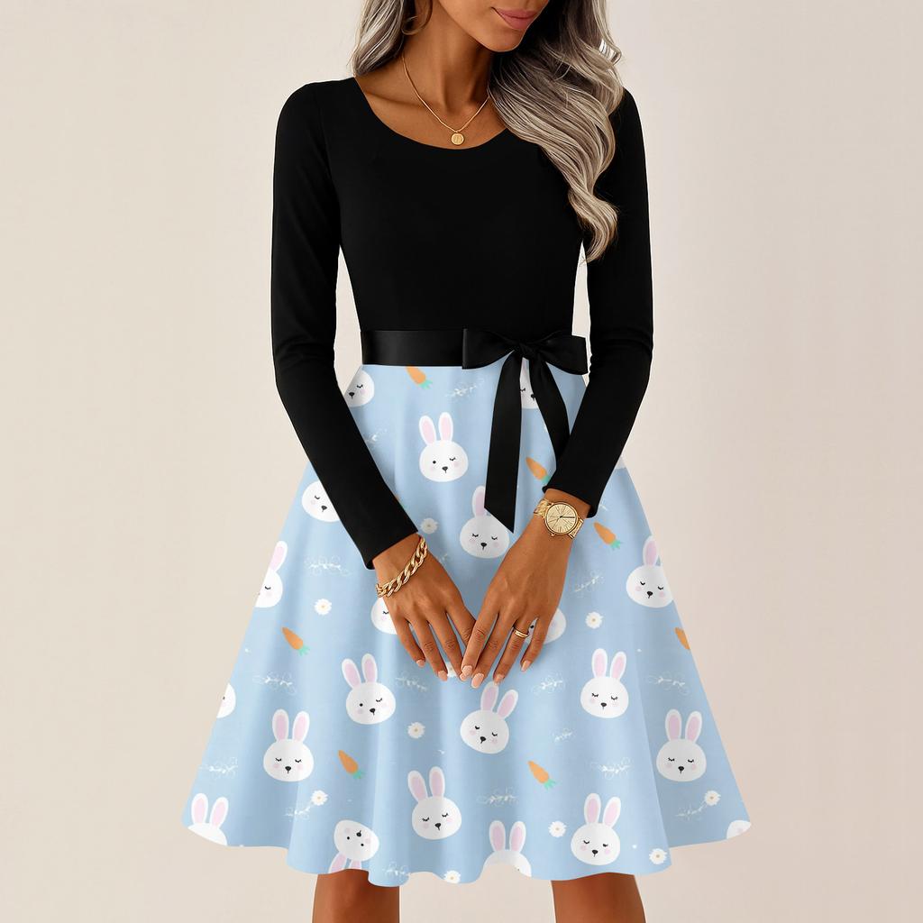 Women's Casual Fashion R-neck Long Sleeved Retro Christmas Print Retro Dress