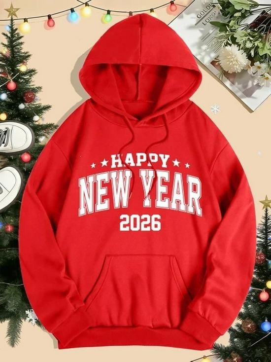 2026 Happy New Year Print Hoodie: Women's Loose-Fit Autumn/Winter Y2K Streetwear