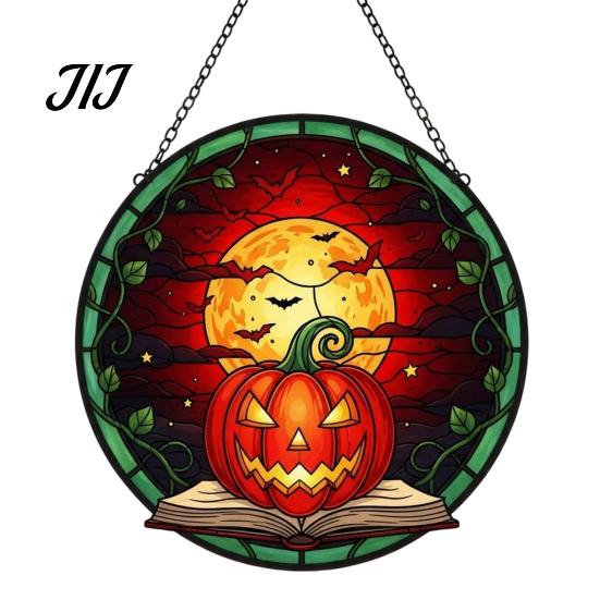 Decorative Hanging Ornaments for Windows Halloween Pumpkin Suncatcher, Stained Glass Style Round Window Ornament, Acrylic Decorations Full Moon