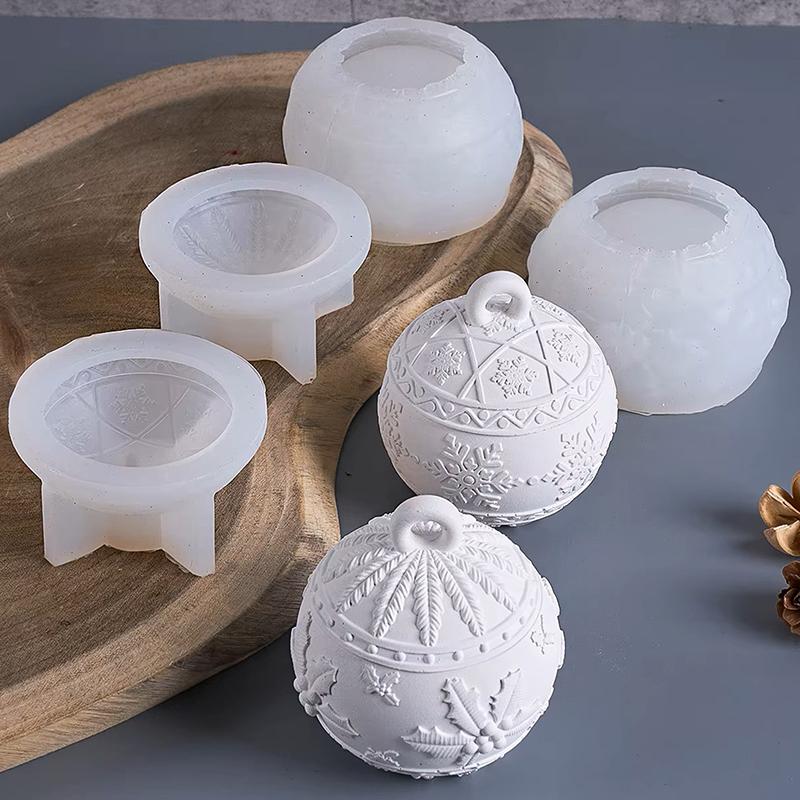 Christmas Ornaments Round Candle Jar Silicone Mold Diy Handmade Relief Snows Berry Ball Plaster Resin Storage Box Craft Molds