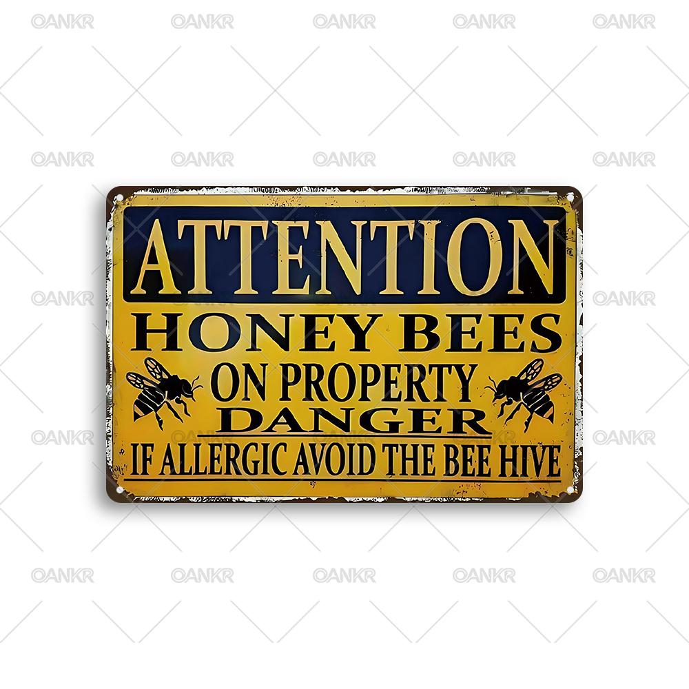 

Vintage Warning Poster Metal Tin Sign Attention Honey Bees On Property Danger Retro Chic Gift Metal Signs for Garden Farm Fence 20x30cm（7.8x11.8inch）